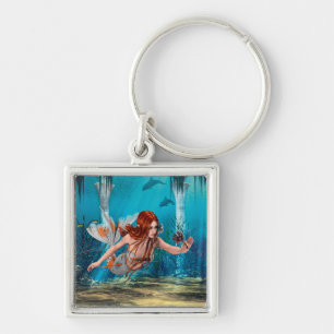 Red Hair Mermaid Underwater Fantasy Art Key Ring