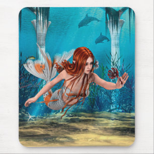 Red Hair Mermaid Underwater Fantasy Art Mouse Mat