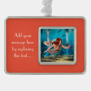Red Hair Mermaid Underwater Fantasy Art Silver Plated Framed Ornament