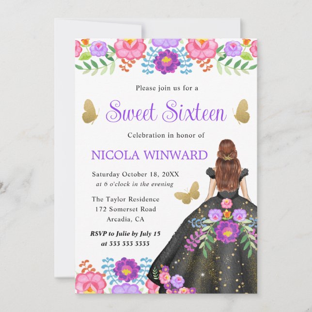 Red Hair Princess Mexican Floral Dress Sweet 16 Invitation (Front)