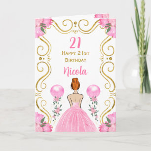 Red hair Princess Pink Happy Birthday Card