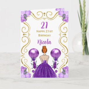 Red Hair Princess Purple Happy Birthday Card