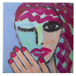 Red Hair Red Nails Abstract Portrait Tile