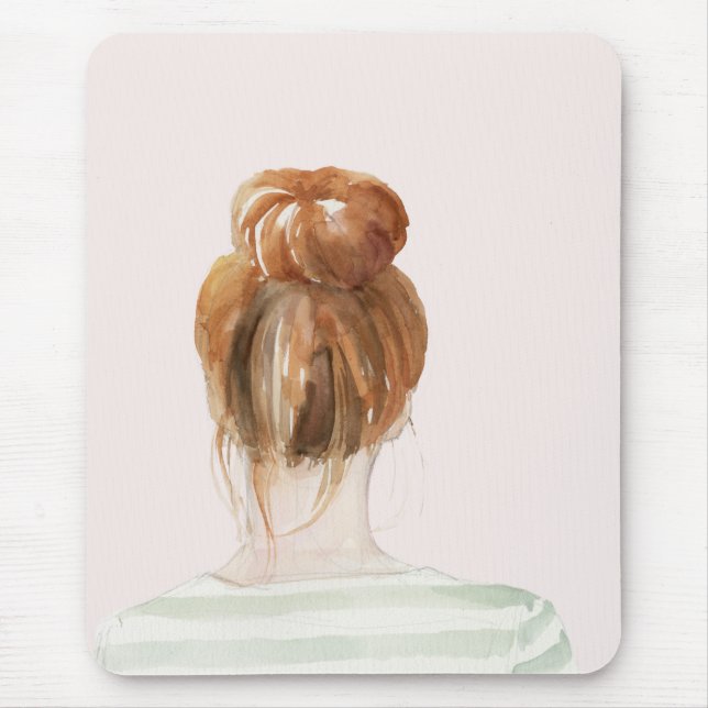Red Hair Top Knot Bun Mouse Mat (Front)