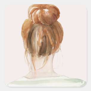 Red Hair Top Knot Bun Square Sticker