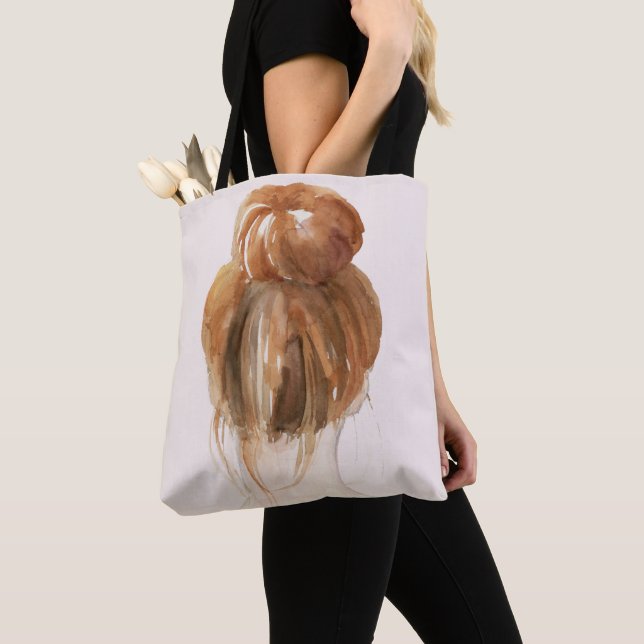 Red Hair Top Knot Bun Tote Bag (Close Up)