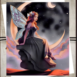 Red Hair Watercolor Moon Fairy Card