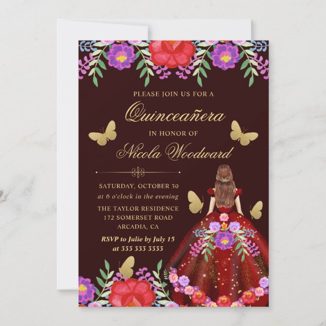 Red Hair Woman in Mexican Floral Dress Quinceañera Invitation (Front)