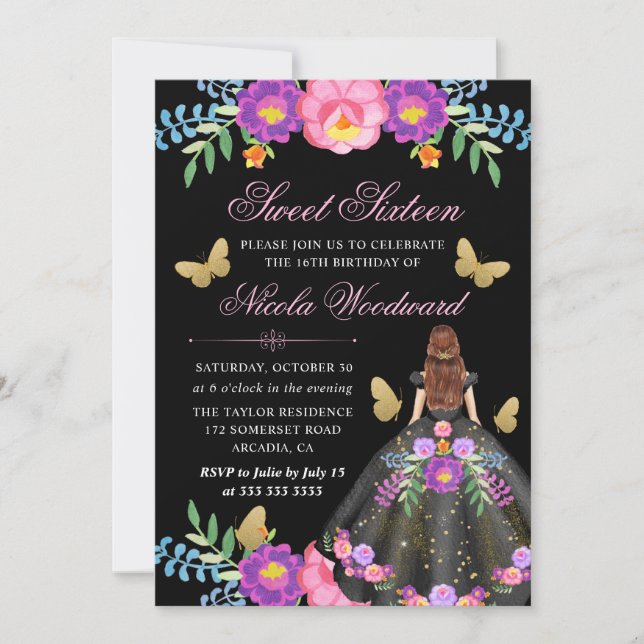 Red Hair Woman in Mexican Floral Dress Sweet 16 Invitation (Front)