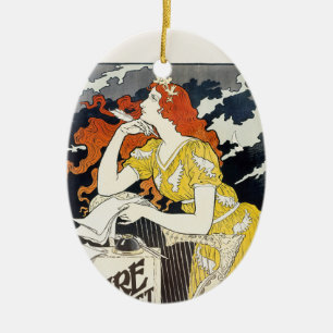Red Hair Woman Yellow Dress Classic Art Nouveau Ceramic Tree Decoration