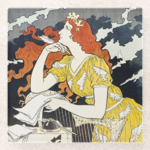 Red Hair Woman Yellow Dress Classic Art Nouveau Glass Coaster