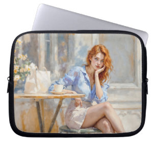 Red haired beauty girl sitting at a cafe soft art laptop sleeve