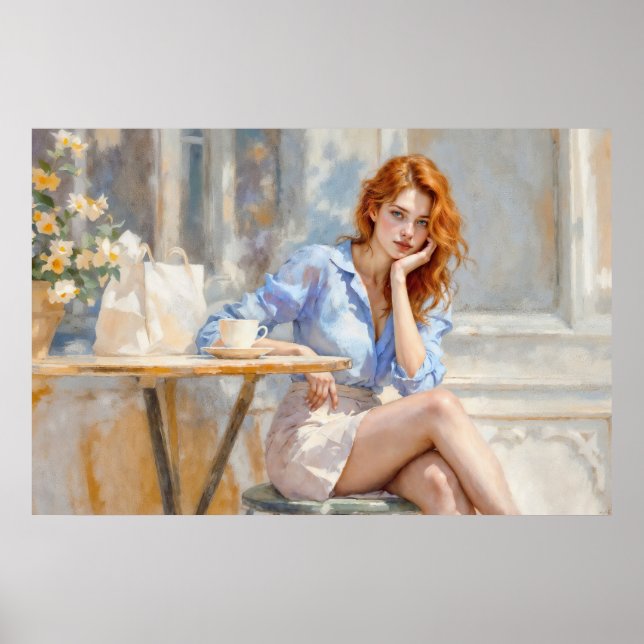Red haired beauty girl sitting at a cafe soft art poster (Front)