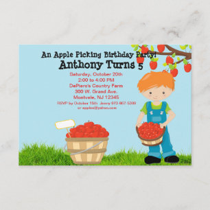 Red Haired Boy Apple Picking Birthday Party Invitation