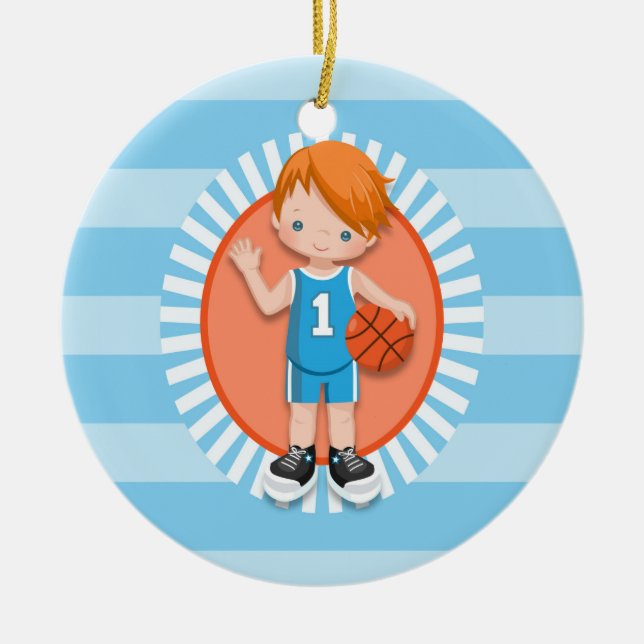 Red Haired Boy Basketball Player Ceramic Tree Decoration (Front)