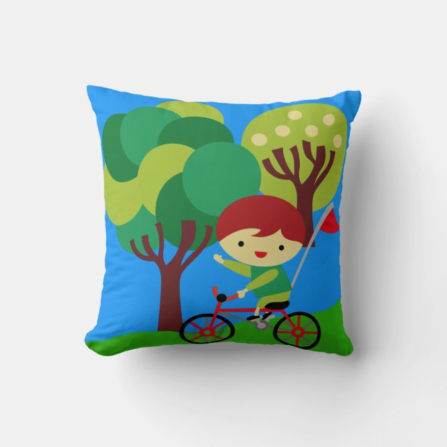 Red Haired Boy on Bicycle Pillow (Front)