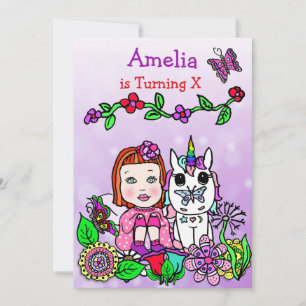 Red Haired Caucasian Fairy and Unicorn Birthday Invitation