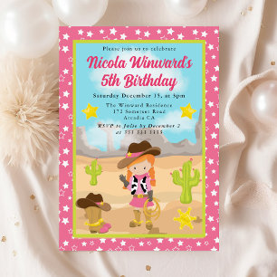 Red Haired Cowgirl Western Kids Birthday  Invitation
