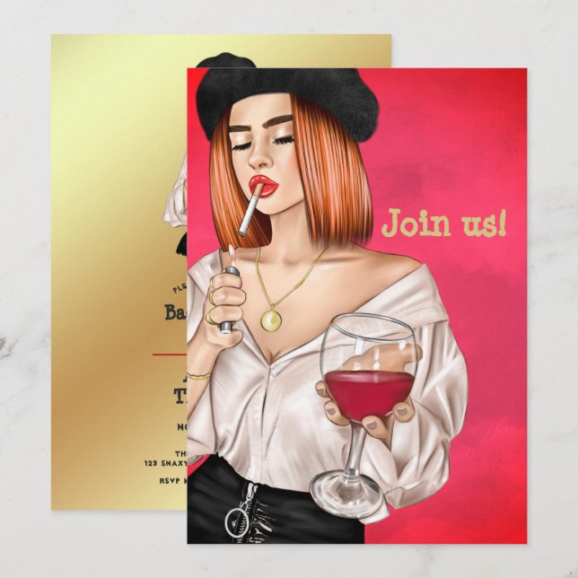 Red Haired French Wine Woman Bachelorette Party Invitation (Front/Back)