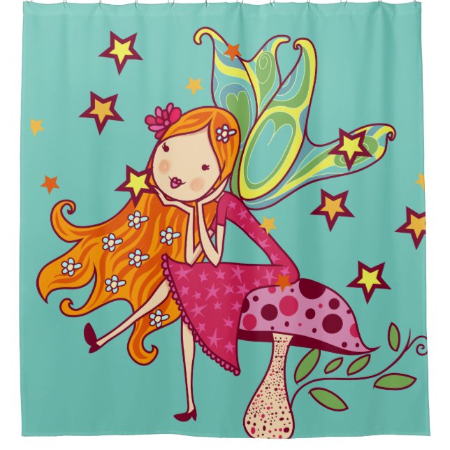 Red Haired Garden Fairy on Toadstool Shower Curtain (Front)