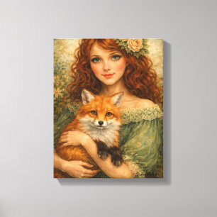 Red-Haired Girl Holding a Fox Woodland Fantasy Canvas Print