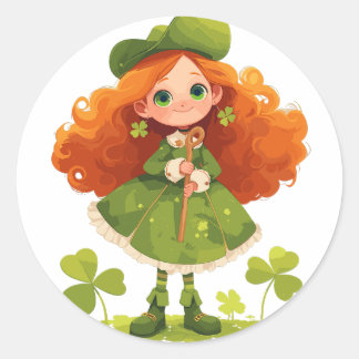 Red-Haired Girl in Green Classic Round Sticker