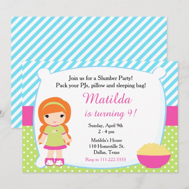 Red Haired Girl Sleepover Slumber Party Birthday Invitation (Front/Back)