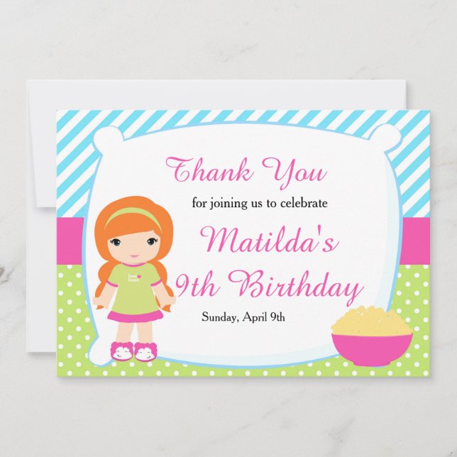 Red Haired Girl Sleepover Slumber Party Birthday Thank You Card (Front)