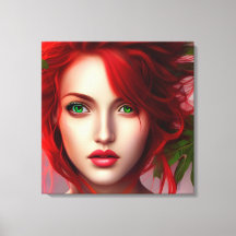 Red haired girl with leaves abstract