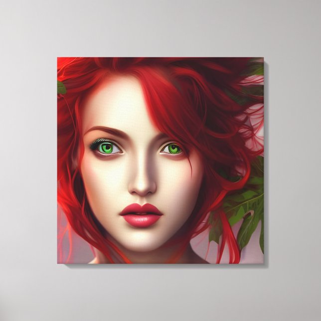 Red haired girl with leaves abstract canvas print (Front)