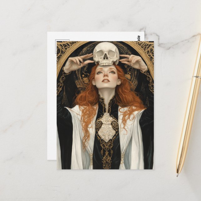 Red haired Goddess Woman With a Skull Postcard (Front/Back In Situ)