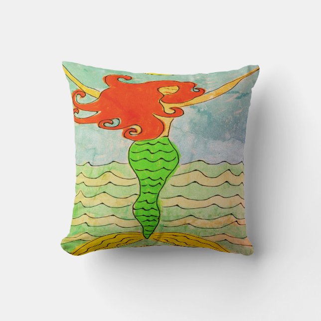 Red Haired Mermaid Abstract Art Cushion (Front)