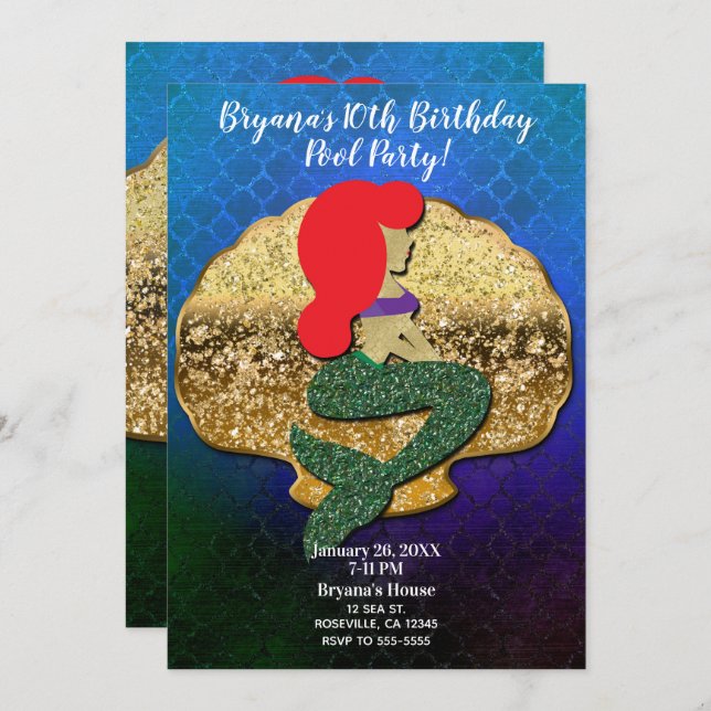Red Haired Mermaid Golden Seashell Birthday Party Invitation (Front/Back)
