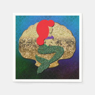 Red Haired Mermaid Golden Seashell Birthday Party Napkin