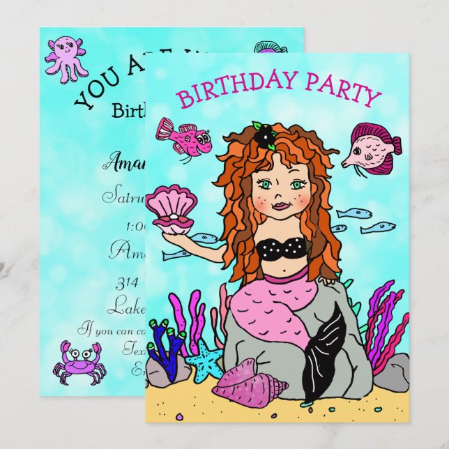 Red Haired  Mermaid Under the Sea Birthday Party Invitation (Front/Back)