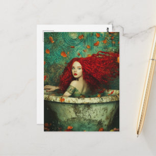 Red Haired Mermaid Woman in a Bathtub Postcard