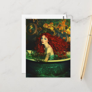 Red Haired Mermaid Woman in a Bathtub Postcard