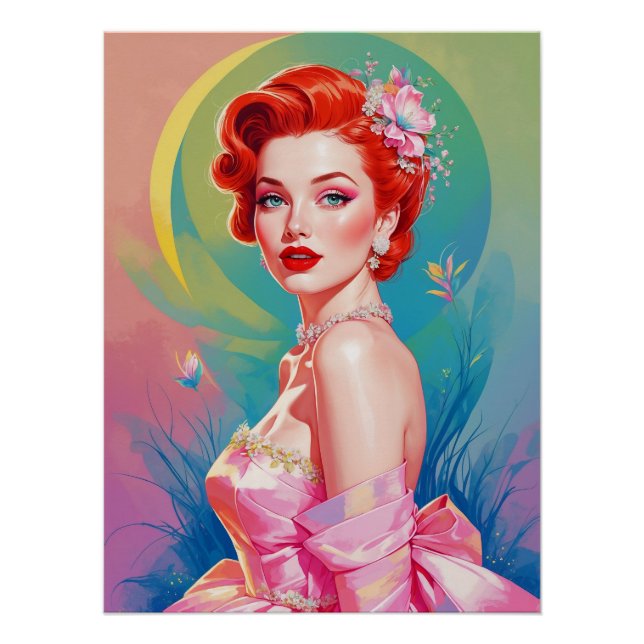 Red-Haired Pin-Up in Pink Floral Gown Poster (Front)