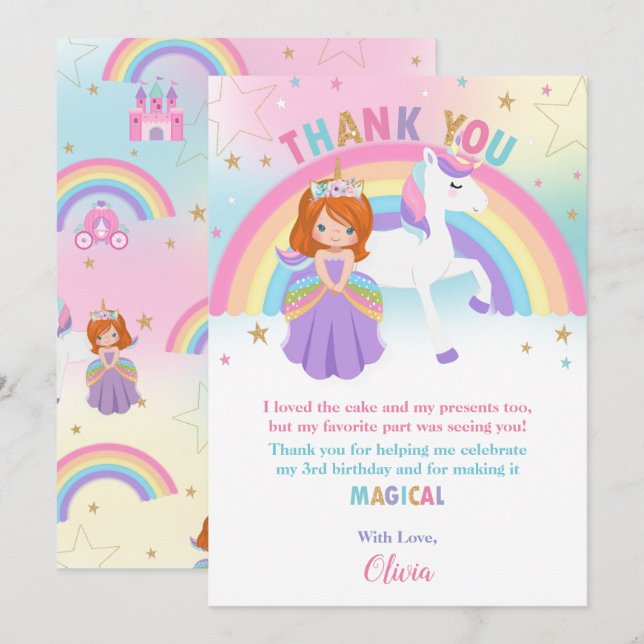Red Haired Princess and Rainbow Unicorn Birthday  Thank You Card (Front/Back)