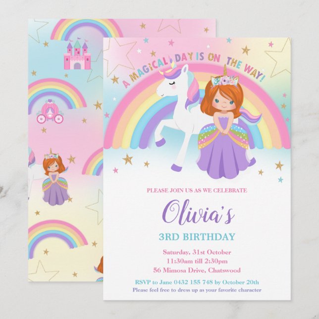 Red Haired Princess Unicorn Birthday Rainbow    Invitation (Front/Back)