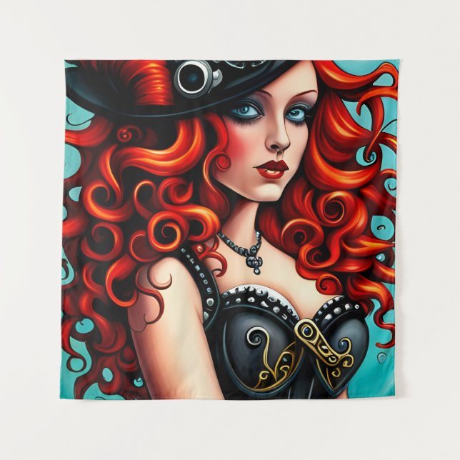 Red Haired Steampunk Woman Tapestry (Front)