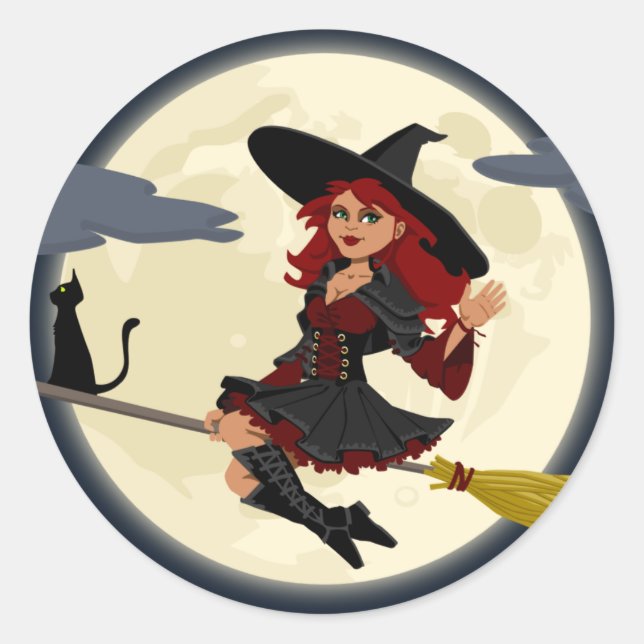 Red Haired Witch Flying Classic Round Sticker (Front)