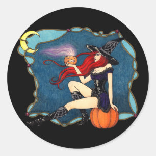 Red-haired Witch Halloween Classic Round Sticker