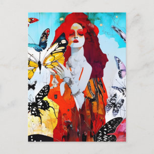 Red Haired Woman and Butterflies Mixed Media Postcard
