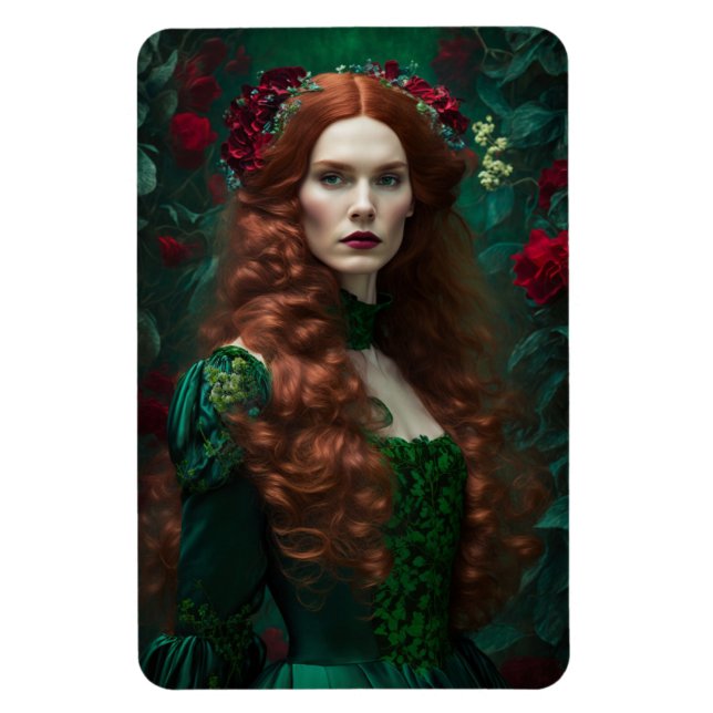 Red-haired Woman In Emerald Green Dress. Magnet (Vertical)