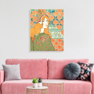 Red Haired Woman Orange Lilies Vintage Art Print