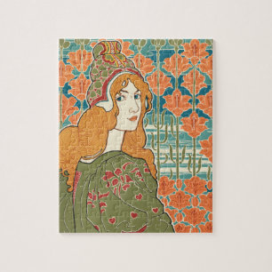 Red Haired Woman Orange Lilies Vintage Art Print Jigsaw Puzzle