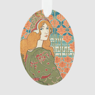 Red Haired Woman Orange Lilies Vintage Art Print Ornament