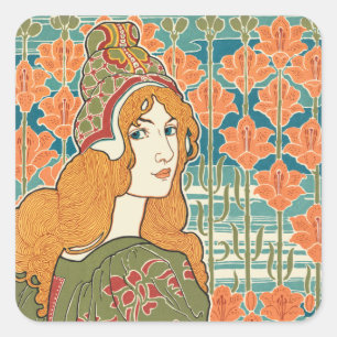 Red Haired Woman Orange Lilies Vintage Art Print Square Sticker