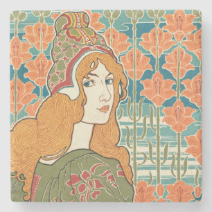 Red Haired Woman Orange Lilies Vintage Art Print Stone Coaster